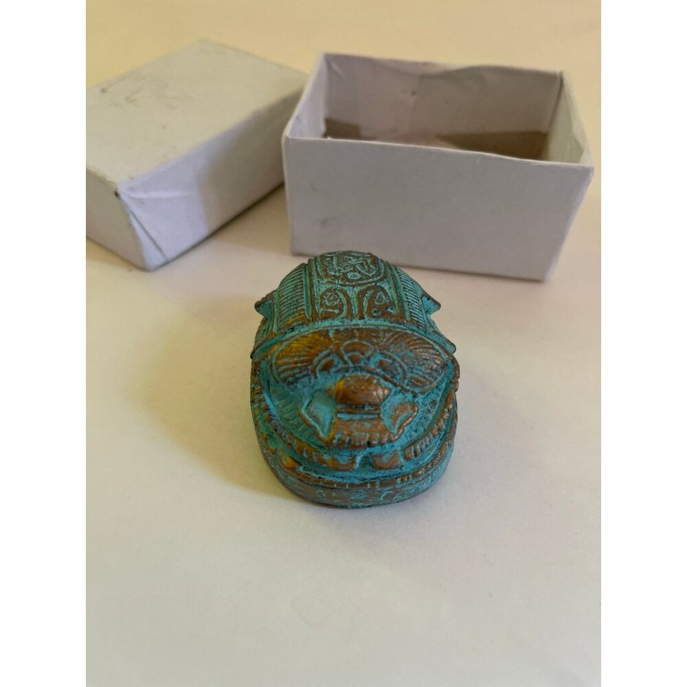 VTG Egyptian Revival SCARAB BEETLE Patina & Gold RESIN Figural Paperweight